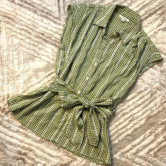 Max Studio Size S Peplum Stretch Tie Button Down Vintage Tank NEW Green Gingham - Picture 1 of 6